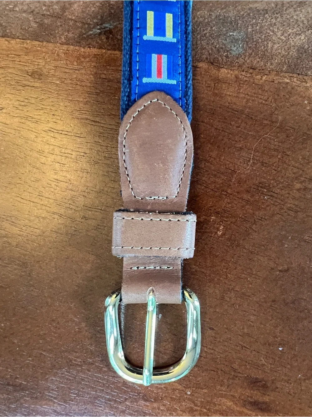 West Marine Men's Adjustable Nautical Belt Size 46 Blue/Brown Brass Buckle